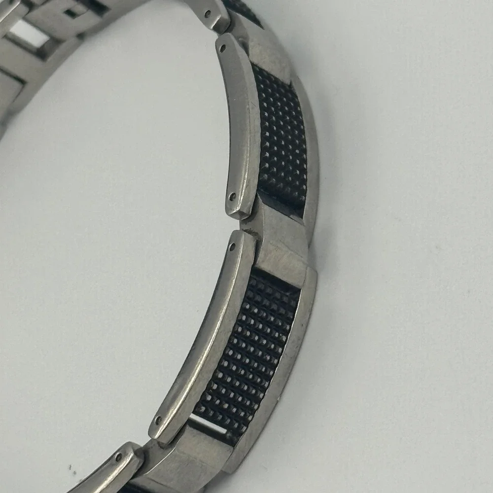 Mens Stainless Steel Link Bracelet‎ Silver Black Carbon Fiber Inlay Industrial